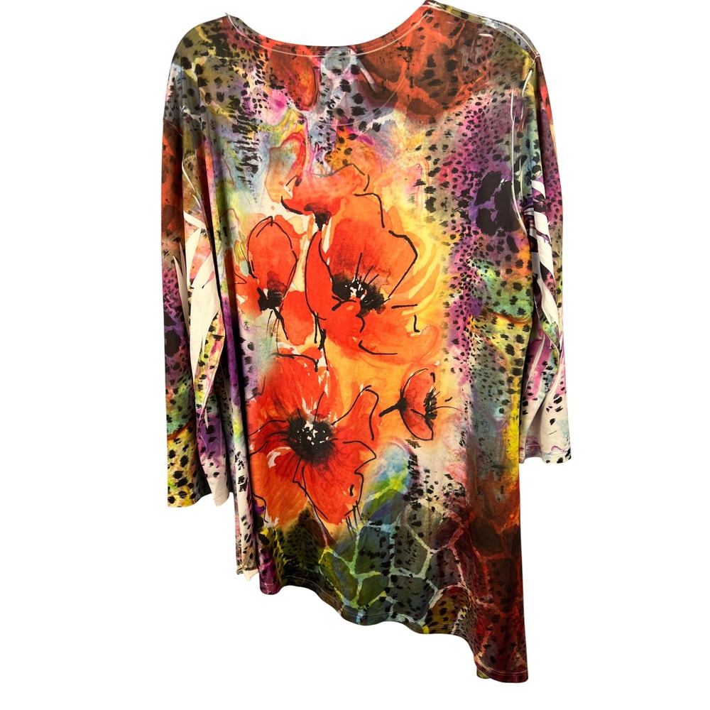 Jess & Jane Vibrant Floral Embellished Tunic Top Asymmetric Hem SzXL Artsy - Picture 6 of 6